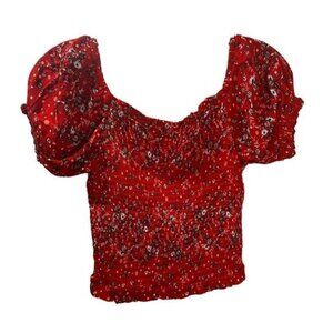 NWT‎ Floral Puff-Sleeve Smocked Crop Top XS